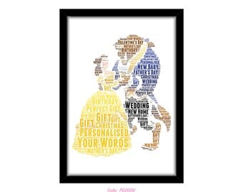 PERSONALISED Belle From Beauty and the Beast Word Art Wall Print Gift Idea Decor Birthday For Her Daughter Mum Nan Engagement Wedding Couple