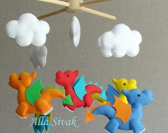 Dragons mobile, Baby Mobile, Crib Baby Mobile, Dragon Nursery Decor, Fantasy Nursery Decor, Colourful mobile, Fantasy baby mobile, Mobile