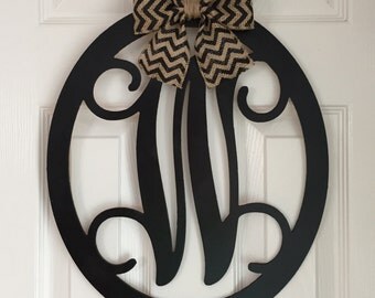 Oval Monogram Door Hanger - Spring Door Hanger - Wood Oval Door Monogram - Black Wood Monogram Hanger - Black Door Decoration - Door Decor