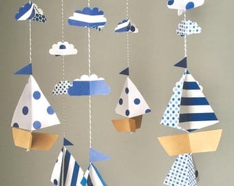 Nautical mobile, boat mobile, sailboat mobile, nursery decor, made to order, cloud mobile, baby shower gift, custom colors