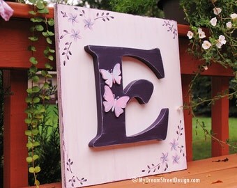 Monogram Wall Decor, Monogram Wall Letter, Nursery Wall Letter, Floral Design, Butterflies, Purple, Lavender, Pink