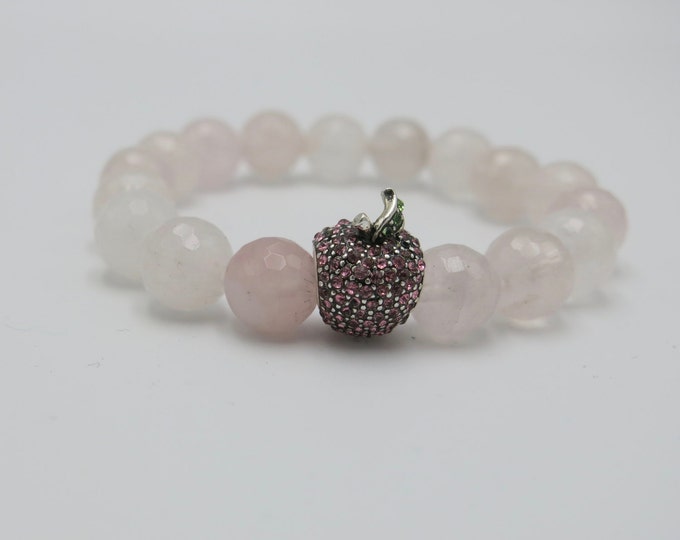 Enchanting apple natural rose quartz 10mm beaded stretch bracelet jewelry, crystal apple bead charm.