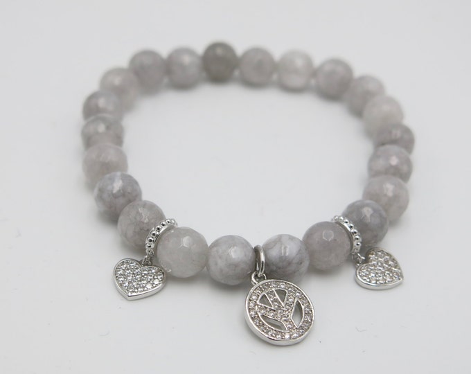 Crystal Dusted Pave Peace, love and Protection Evil Eye Semi-precious Charm Beaded Gray Jade Bracelet Jewelry.