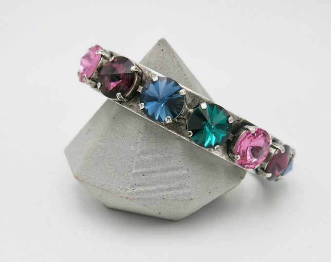 Swarovski crystal Rivoli multi colored eye catching gem tone crystals, prong set open bangle cuff bracelet in antique silver