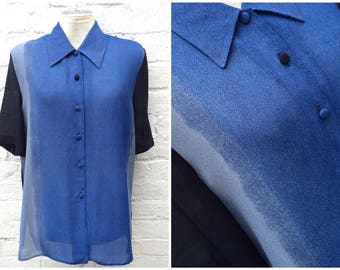 Vintage shirt, blue summer top, sheer blouse