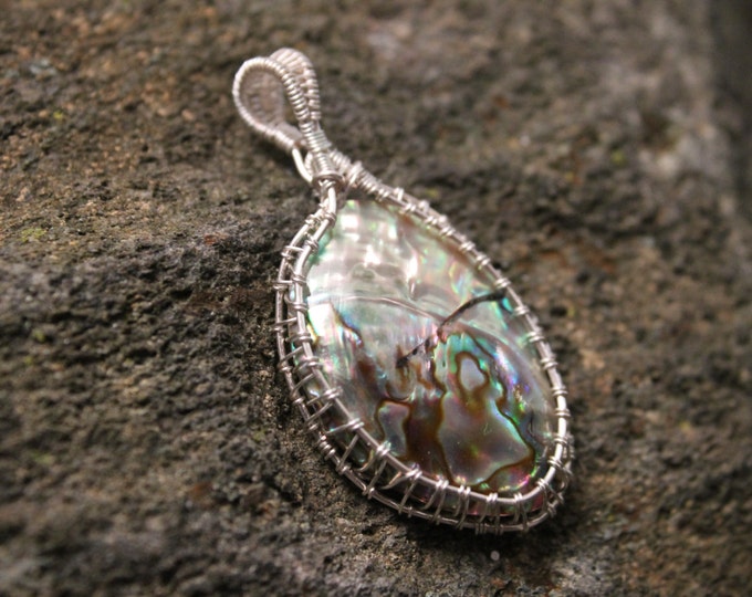 Abalone Shell Bead Wrapped in Silver Wire; Ocean Beach Jewelry, Wire Weave Jewelry, Earthy BoHo Hippie Necklace, Natural Colorful Pendant