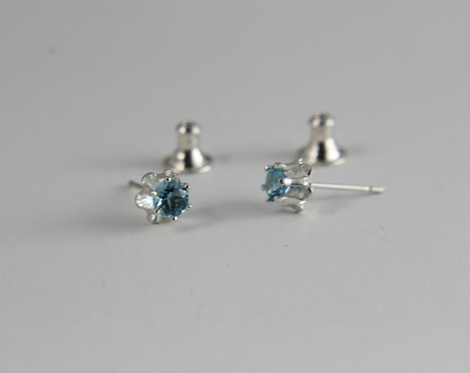 Swiss Blue Topaz Silver Post Earrings, 6 Prong Gemstone Studs, 4mm Gemstone, December Birthstone, Sterling Buttercup Setting & Bullet Clutch