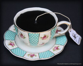 Victorian Gothic Black Tea Cup Candle - Green White Stripe Pink Floral Cup & Saucer - Creamy Nutmeg - Alice in Wonderland - Poison Tea Tag
