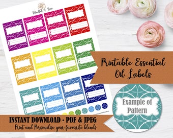 Printable Essential Oil Labels - 10ml Rollerball Labels Geometric Pattern in Bright Rainbow Colors