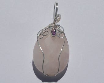Sterling Silver wire wrapped Rose Quartz Faceted 49mmx28mm bead Accented with a faceted 5mmx3mm Amethyst