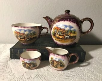 Vintage Gray's Pottery Dickens Day Child's Tea Set , Mottled Purple Luster Finish , Tea cup & Teapot , Stoke-On-Trent England