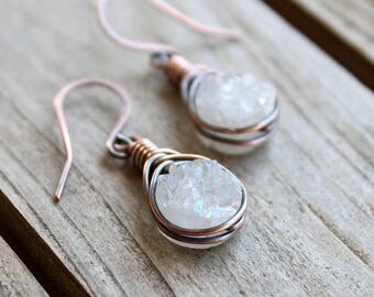 Druzy Quartz / Copper Earrings / Summer Earrings / Wire Wrapped Earrings / Wire Wrapped Jewelry / White Quartz / Copper Jewelry