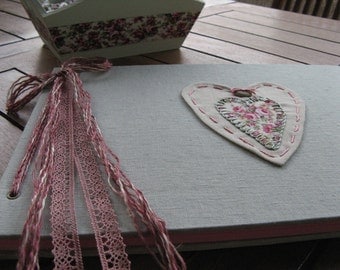 Linen Fabric Guestbook With Embroidered Hard Cover/Shabby Heart Applique Photo Album/Baptism Guestbook/Baby Shower Book