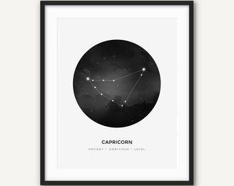 Astrology Capricorn Constellation Digital Print, Zodiac Sign Wall Art, Printable Black and White Modern Home Decor, Minimalist Poster