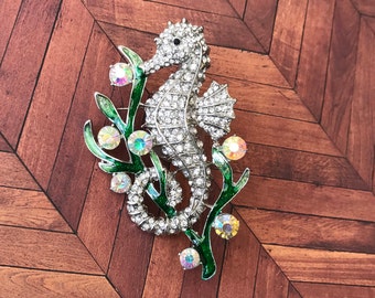 Rhinestone Seahorse Brooch, Doubles as a Pendant, Silver, Shiny, Sea Creature, Animal, Ocean, Beach, Unique