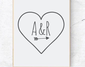 Initial print, Personalised couples print, Wall art with initial, Love heart with initials print