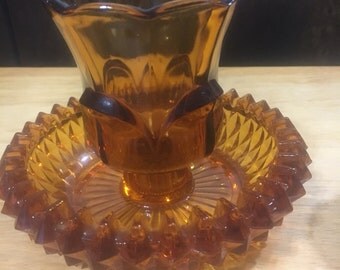 Vintage Amber Votive Candle Holder / Diamond Amber Candle Holder
