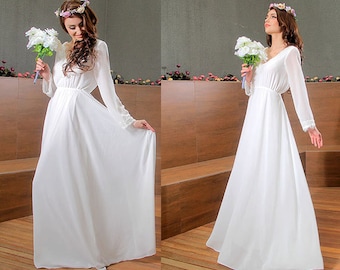 Bohemian Lace Long Wedding Dress, Maxi Romantic Chiffon Dress, Fairy Tale V Back Dress, Off White Bridal Gown