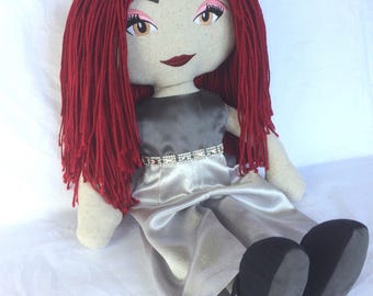 soft doll, handmade,fabric doll,rag doll,cloth doll, custom made, natural linen, australian wool, 51cm, burgandy,20"