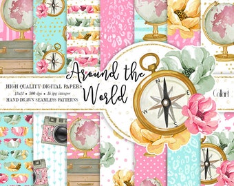Travel Paper Pack, Hand Drawn Digital Papers, Summer Fashion, Wanderlust Adventure, Fashion Illustration, Planner Stickers, Watercolor Paper
