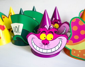 Alice in Wonderland Party Birthday Hat Printable, Alice in Wonderland Party Hat, DIY Printable, Mad Hatter Hat, cheshire Cat Hat, Red Queen