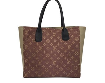 Tote Bag - Repurposed Louis Vuitton Scarf with Leather Handles - Taupe