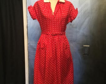 1950s red polka dot dress with belt/nautical dress/sailor dress/-M
