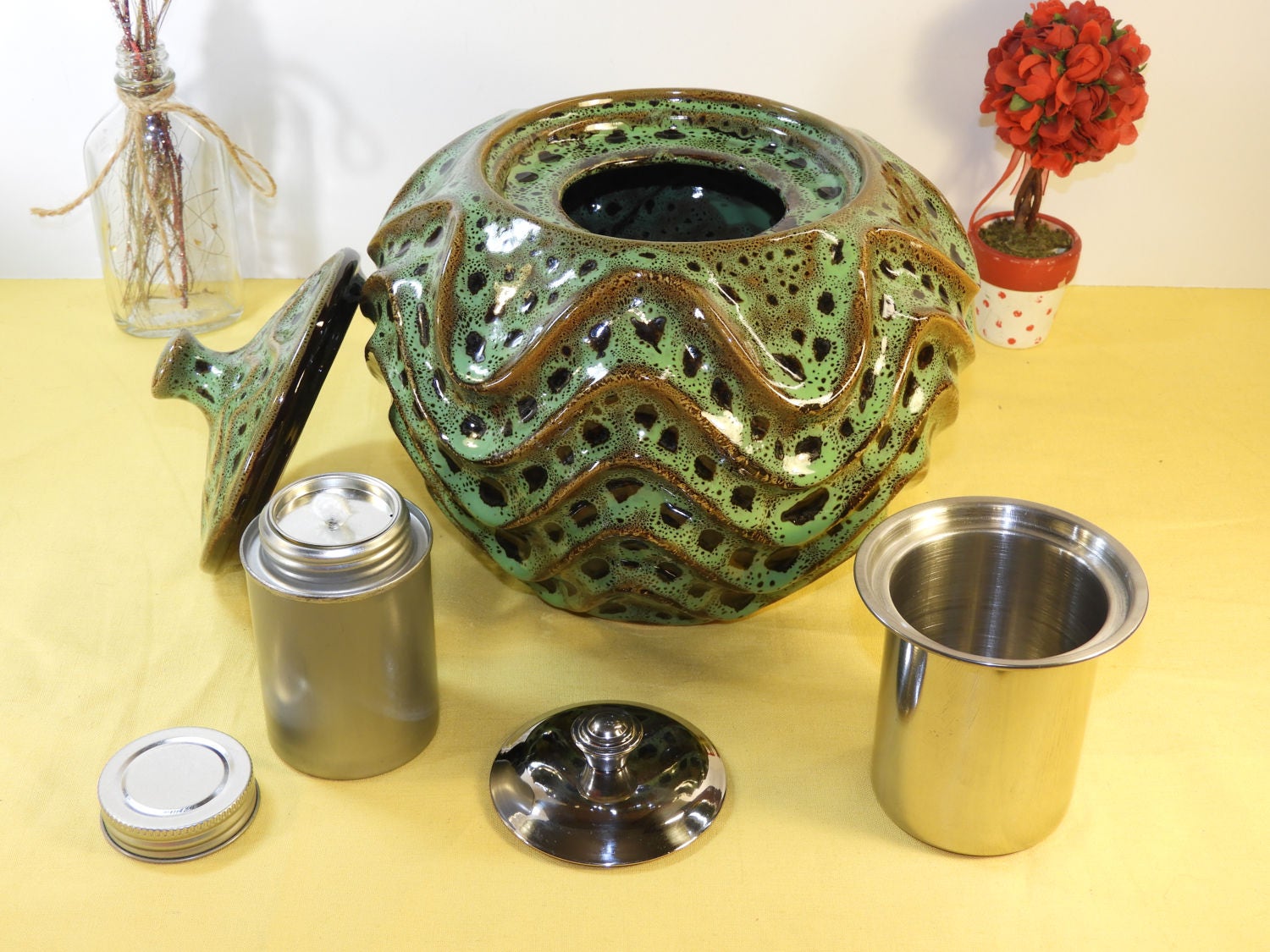 Vintage Incense Holder, Ceramic Wavy Side Canister, Large Green Black