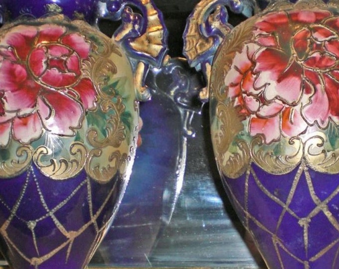ANTIQUE SATSUMA MORIAGE Museum Quality Cobalt Blue And Floral Nippon Antique Estate Vases
