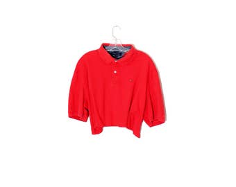 90s TOMMY HILFIGER crop top / red cropped mens polo boyfriend top flattering boxy oversized cropped fit preppy sporty 90s clothing