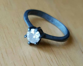0.40 ct white diamond in oxidized silver solitaire ring