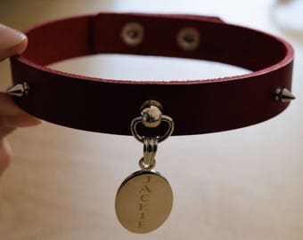 Personalised Engraved Red Leather Snap On BDSM collar. Bondage, slave.
