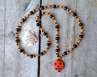 Halloween Pumpkin Beaded Necklace