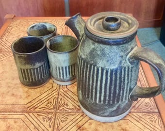 Tremar Pottery Coffee Pot and 3 Coffee Mugs