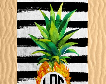 Personalized Pineapple Beach Towel - Watercolor Colorful Pineapple Print Monogram 30x60 Beach Towel