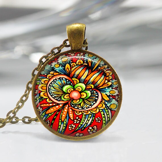 Folk Art Pendant Flower Jewelry Original Art Pendant Folk