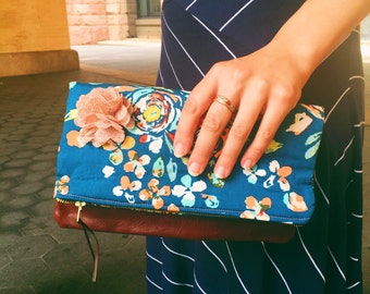 Swifting Blue Floral Leather Clutch, Women's Clutch Bag, Evening Bag, Fold-Over Clutch Purse