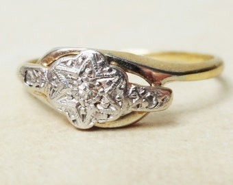 Art Deco Twist Over Starburst Flower Ring, Vintage 18k Gold, Platinum and Diamond Engagement Ring, Approx Size 8.25