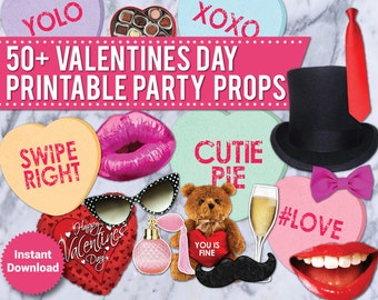50+ Valentines Day Props, Valentine Photo Booth Prop, Printable, Valentines Day Decor, Lips, Hearts, Candy, Mustache, speech bubbles