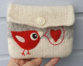 Felted pouch white gray wool bag cozy hand knit needle felted red birdie in love