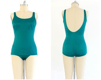 vintage 1970s beach girl emerald green one-piece swimsuit | 70s skirted bathing suit | vtg swimwear | small/medium