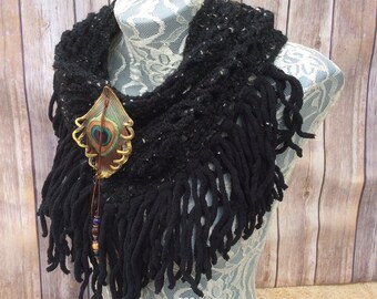 Charcoal Peacock cowl... knit crocheted fringed yarn soft scarf leather tie bohemian boho