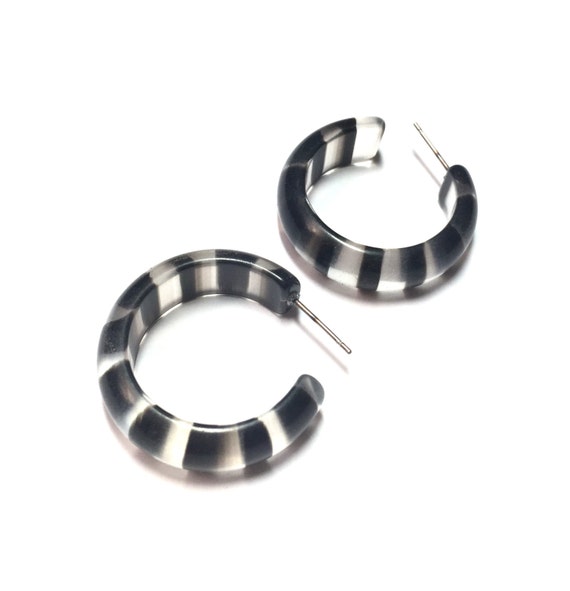 Black and Clear Hoop Earrings Striped Lucite Simple Hoops