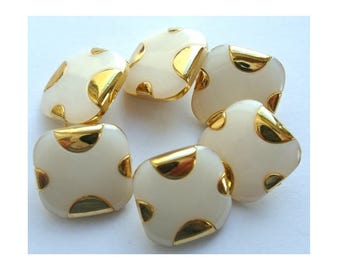 6 Vintage buttons white plastic square with gold trim, retro 21mm