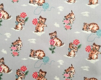 4432 - Cath Kidston Cat & Rose (Light Grey) Oilcloth Waterproof Fabric - 28 Inch (Width) x 17 Inch (Length)