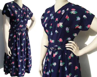Vintage 40s Dress Navy Blue Floral Rayon & Pink Roses Swing Era M