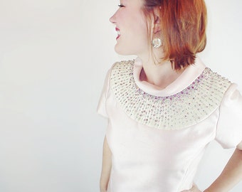 60s Nat Kaplan Ice Pink Silk/Wool Blend Dress, Rhinestone and Sequin Neckline M L