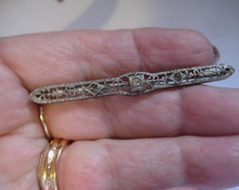 John H. Peckham Antique Victorian Rhodium Plated Filigree Bar Pin with Rhinestones
