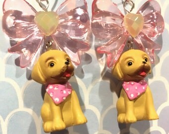 Cute Little Dog Charm Earrings With Baby Pink Bows