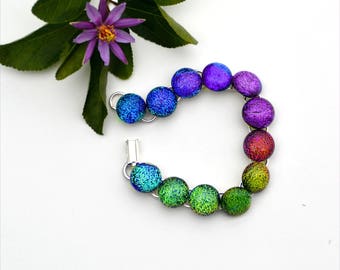 80 Rainbow fused dichroic glass link cabochon bracelet, round,